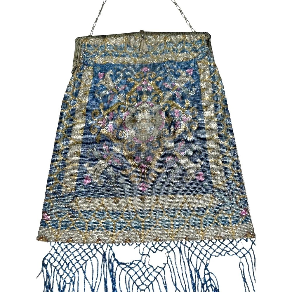 Antique 1920s Art Deco Micro Beaded Fringe Purse Blue Rose Gold Medallion As Is